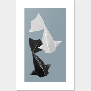 Black and White Origami fish pattern Posters and Art